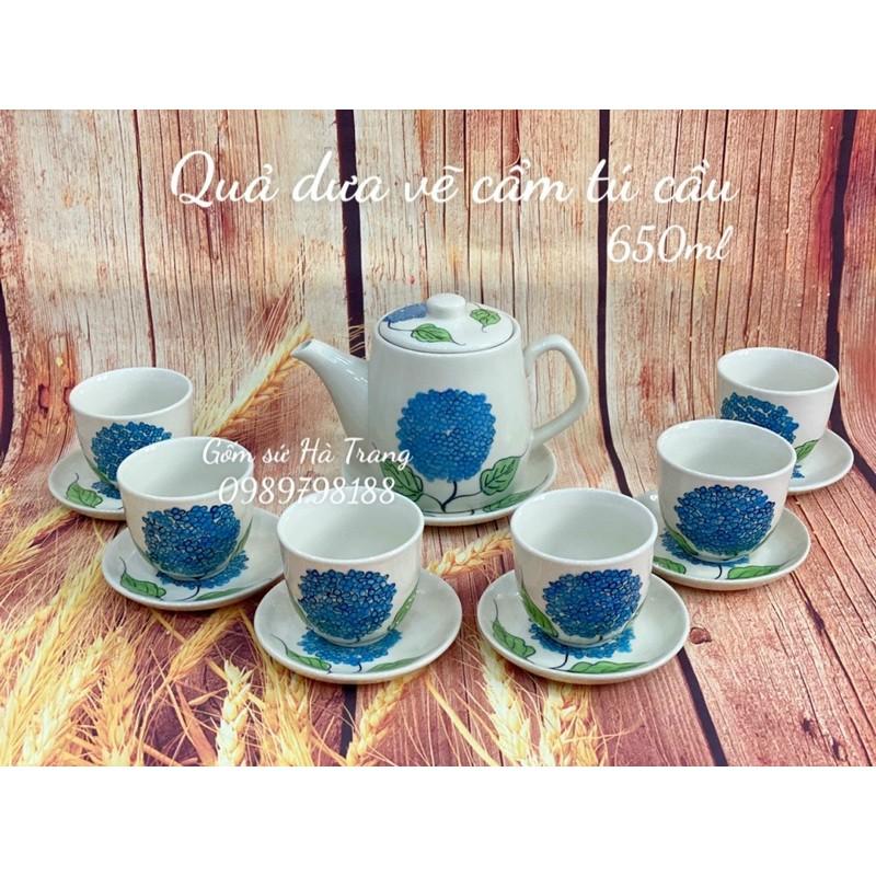 Bộ ấm chén quả dưa vẽ cẩm tú cầu gốm sứ Bát Tràng cao cấp dung tích 650ml