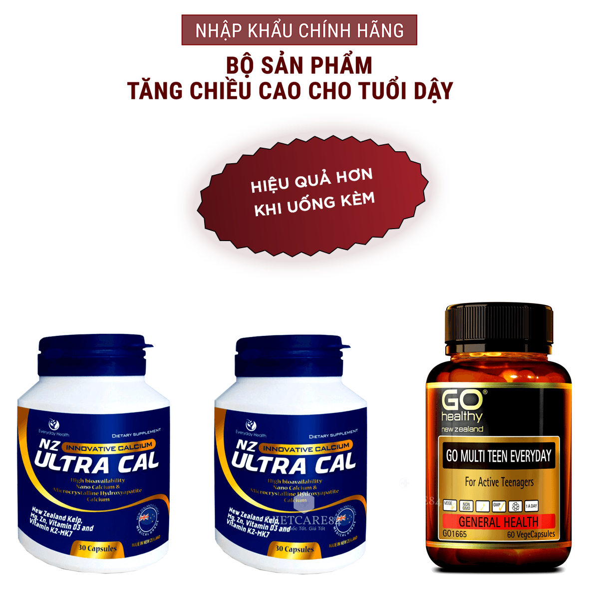 Bộ sản phẩm tăng chiều cao tuổi dậy thì nhập khẩu chính hãng gồm: 2 hộp viên uống Canxi hữu cơ nano NZ ULTRA CAL  và viên đa vitamin cho tuổi teen GO MULTI TEEN EVERYDAY giúp xương chắc khỏe, phát triển chiều cao tối ưu