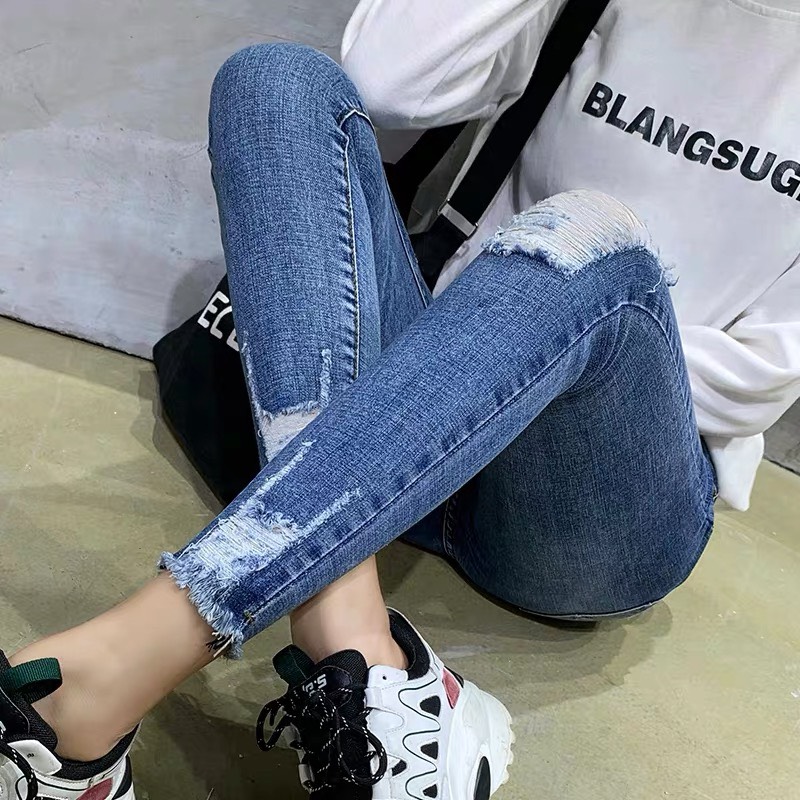 [ SIZE ĐẠI 40kg~90kg] Quần jean dài BIG SIZE xanh đậm rách bụi , vải jean dày dặn co dãn mạnh 3096
