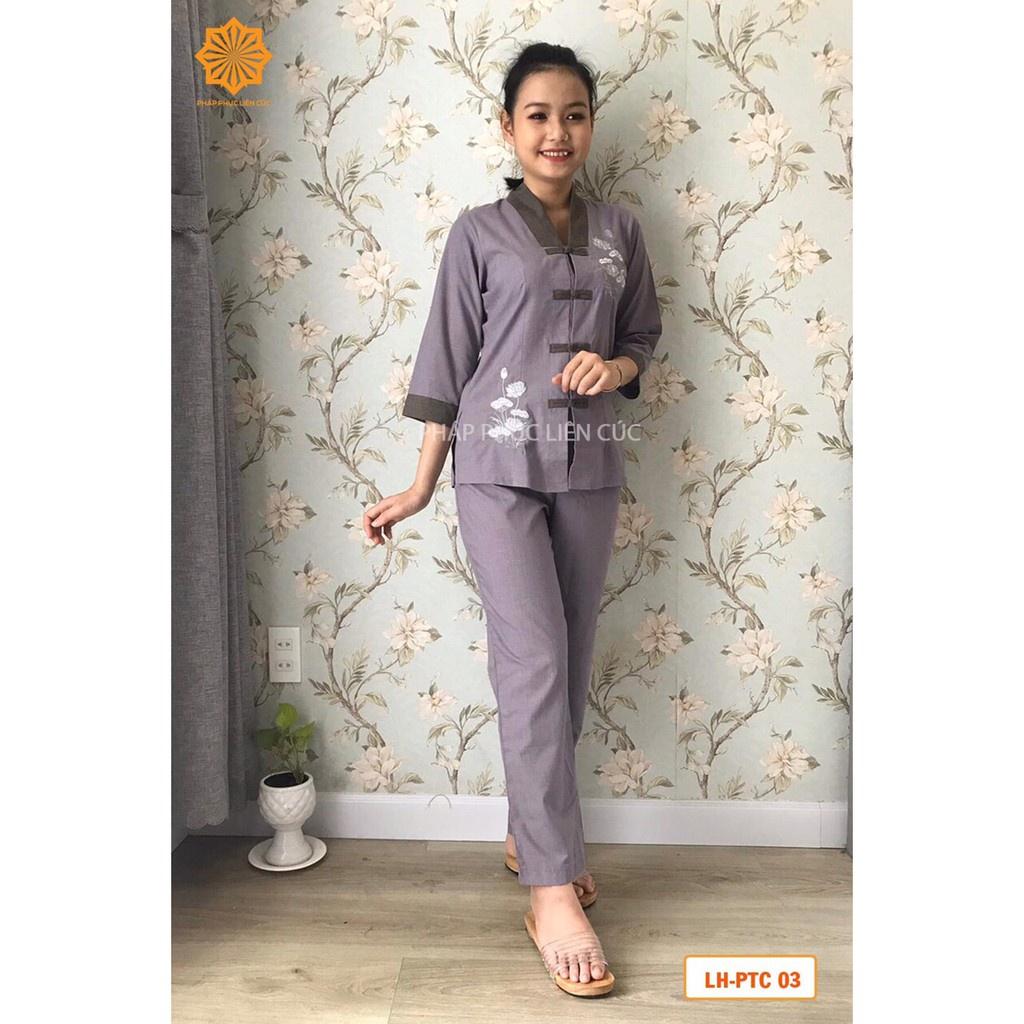 Đồ lam đi chùa nữ - Pháp phục mẫu La Hán vải Xô Tixi, bền màu không nhăn xưởng may Liên Cúc