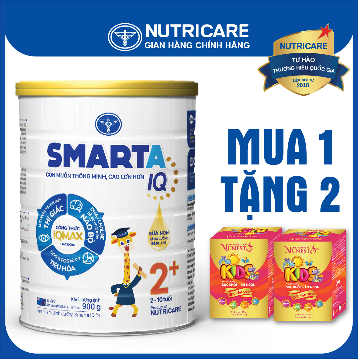 [Tặng 2 lọ yến] Sữa bột Nutricare Smarta IQ 2+ phát triển trí não 900g