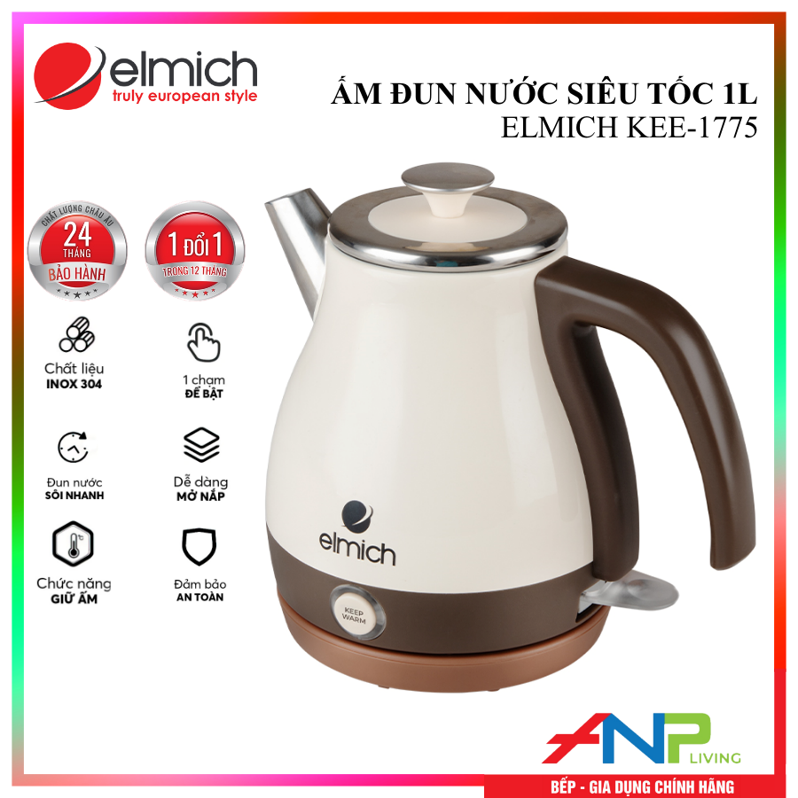 Ấm đun siêu tốc Elmich KEE-1775 (Mầu Kem, Dung Tích 1 Lít, Công Suất 1500W, Có chức năng giữ ấm) - Hàng Chính Hãng