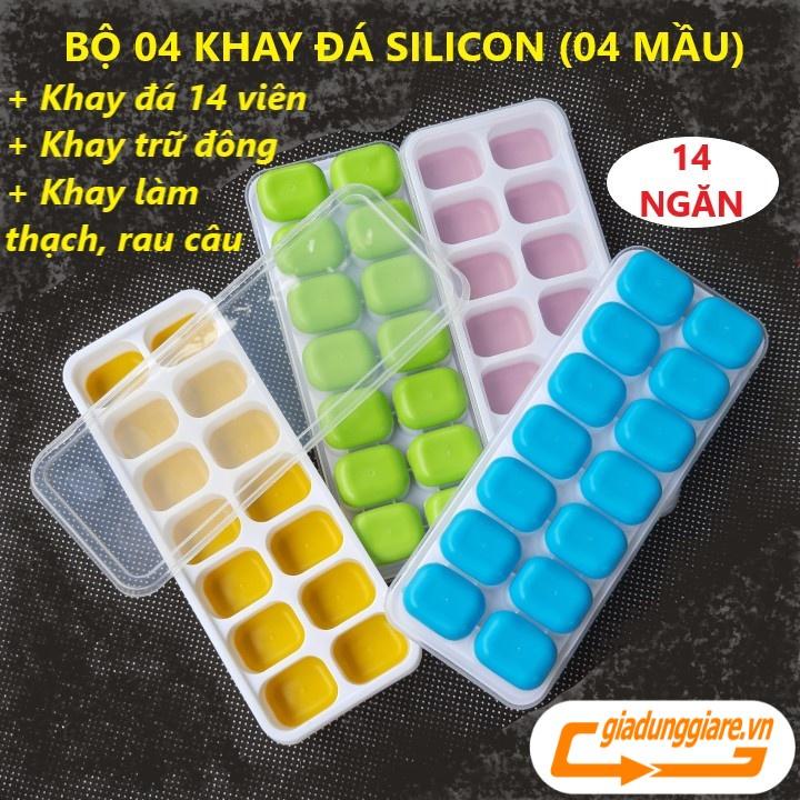 Khay đá silicon (14 ngăn , 4 mầu) có nắp đậy không dính mùi thực phẩm (Set 04 )