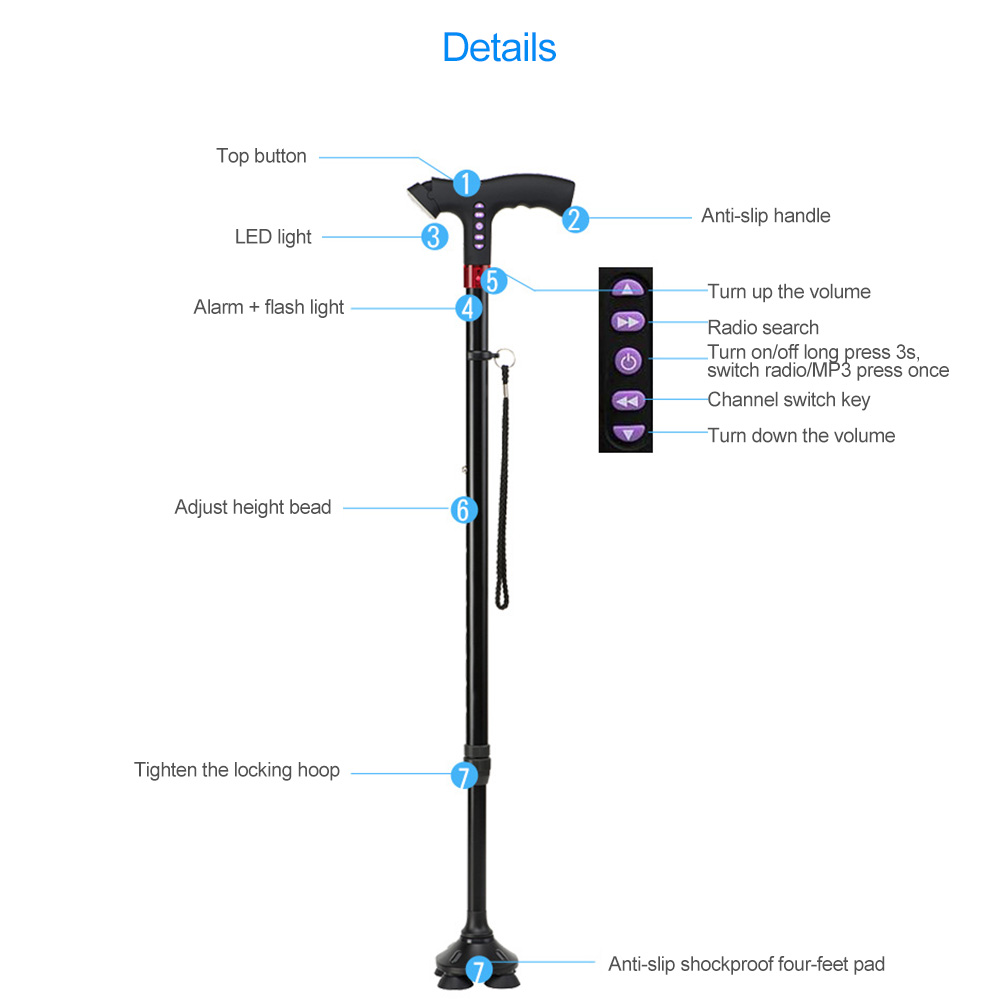 Gậy đi bộ báo động thông minh, đa chức năng Led , FM , MP3