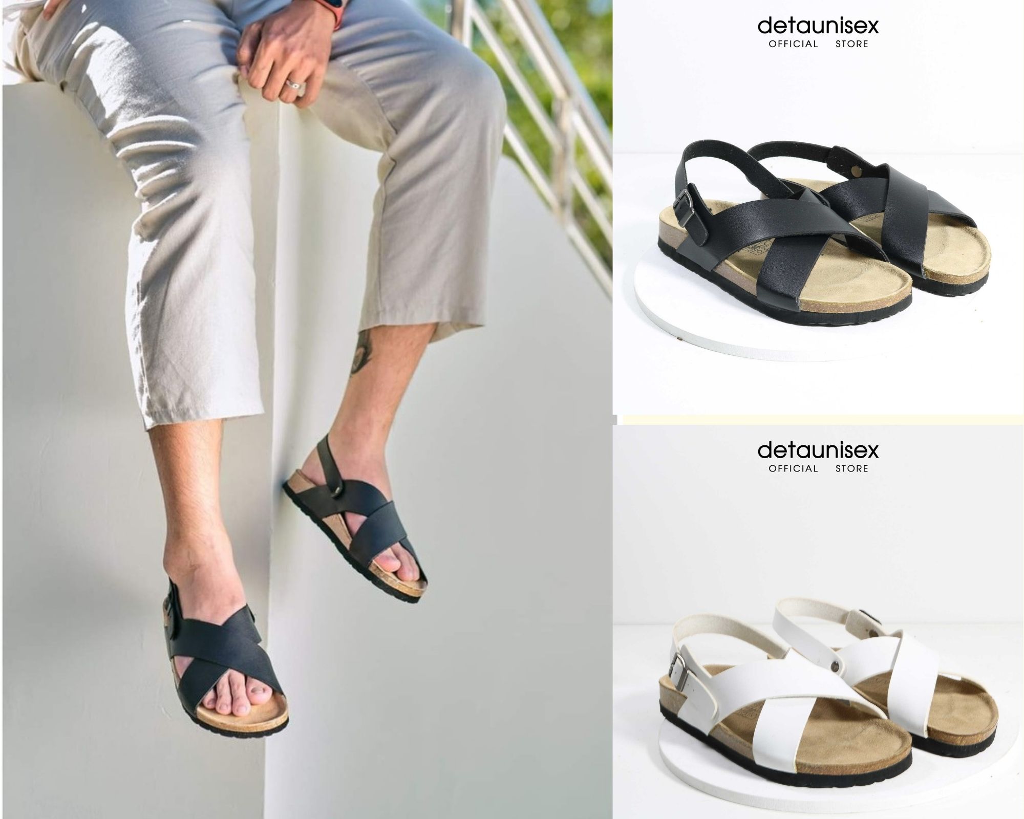 Giày sandal đế trấu quai chéo nam nữ Detaunisex màu ĐEN - SATA23D