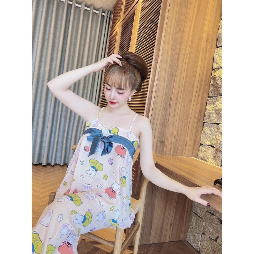 ĐỒ BỘ QUẦN DÀI Sét đồ ngủ hai dây áo nơ lụa satin quần dài lua cao cấp freesize 58kg