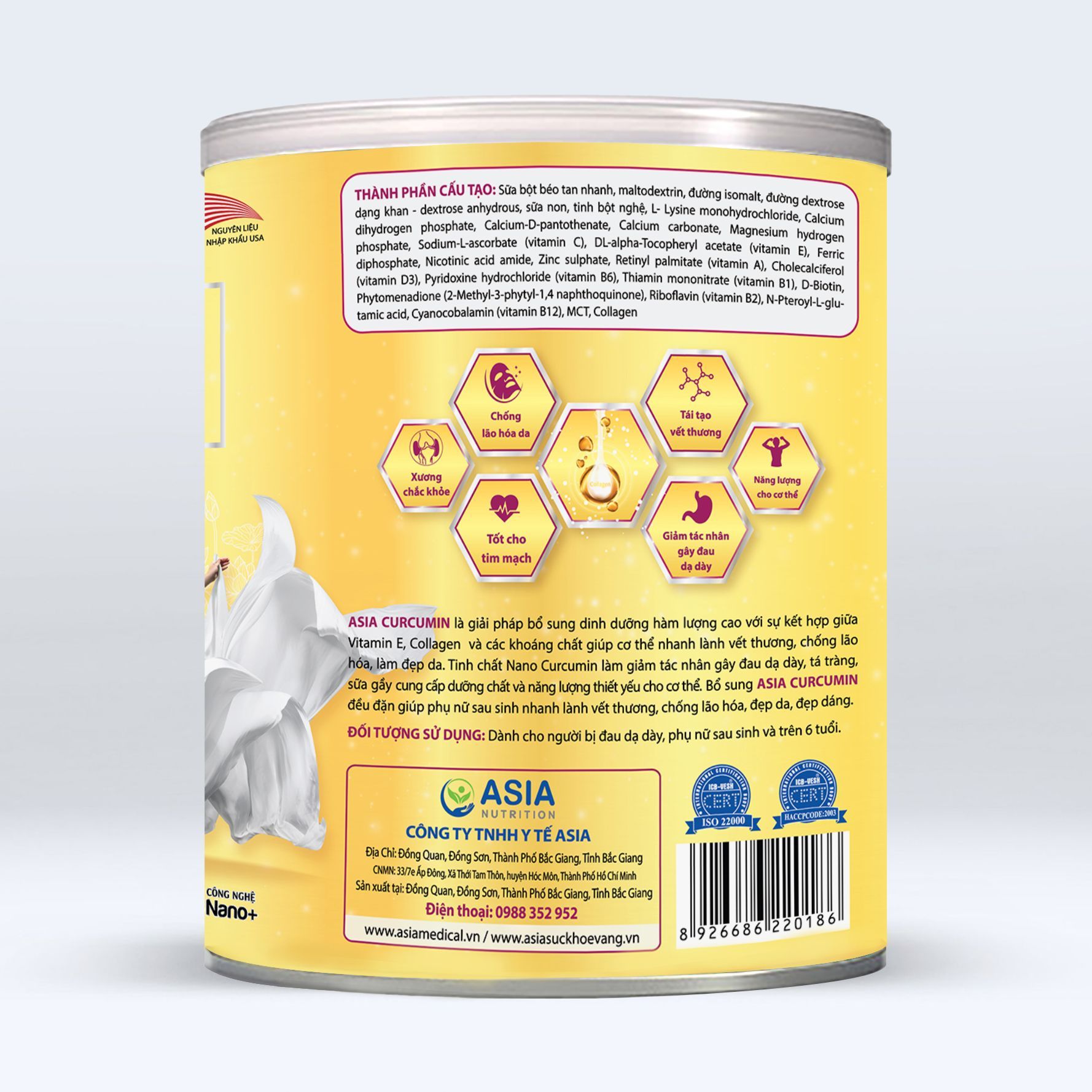 Sữa bột dinh dưỡng Asia Curcumin Asia Nutrition tác dụng giúp làm lành vết thương, chống lão hóa hiệu quả