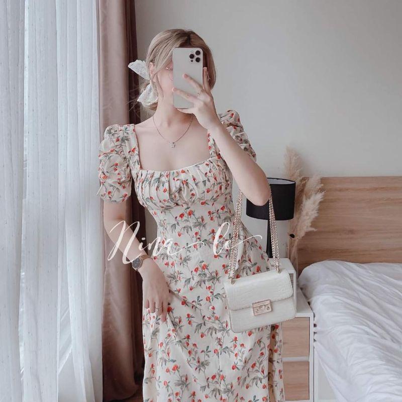 ĐẦM HOA LỤA XẾP LY TRƯỚC NGỰC