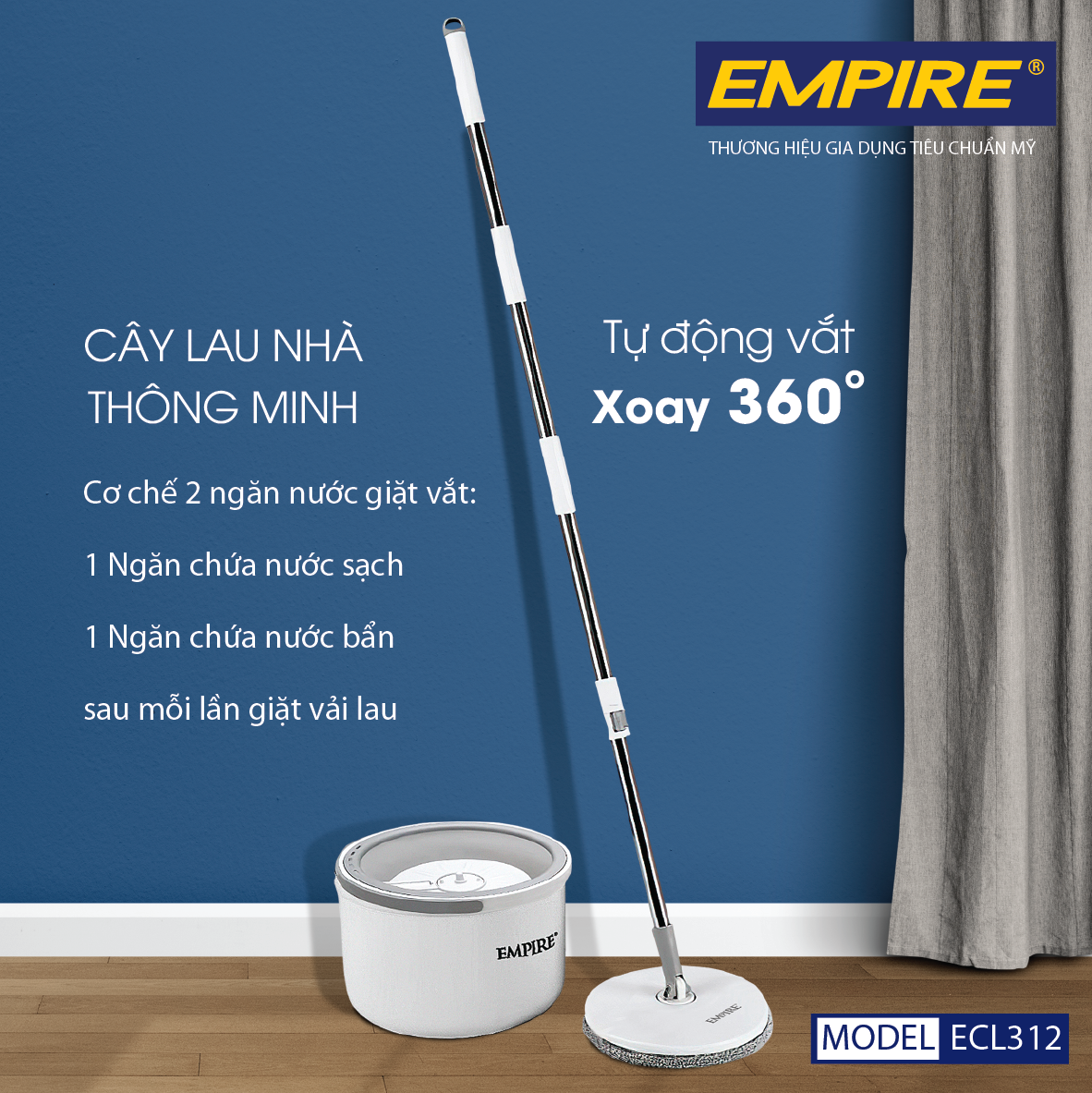 CÂY LAU NHÀ TIẾT KIỆM NƯỚC, TÁCH NƯỚC BẨN THÔNG MINH TỰ ĐỘNG GIẶT, XOAY 360 ĐỘ EMPIRE 312. BỘ SẢN PHẨM ĐI KÈM 2 BÔNG LAU- HÀNG CHÍNH HÃNG.