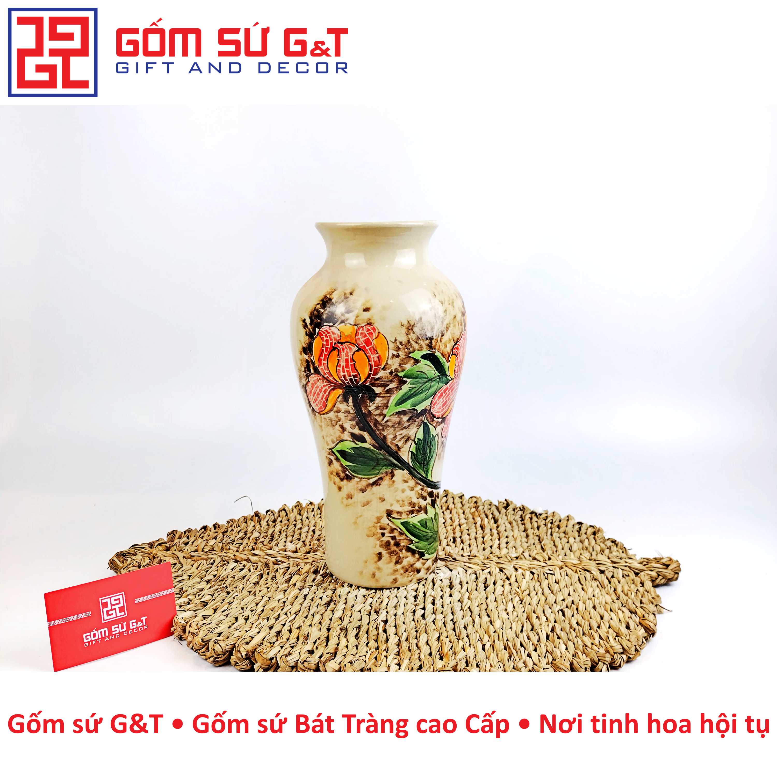 Lọ hoa dáng đùi dế sen hống Gốm Sứ G&T