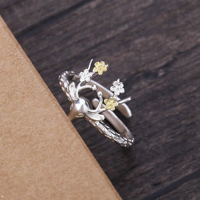 XiaoboACC 925 Silver Korean Fashion Sika Deer Open Adjustable Tail Ring 18mm