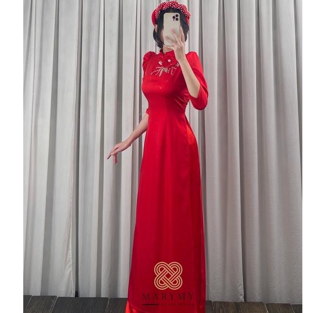 LM02 Bộ áo dài màu đỏ siêu lụa cổ tàu đính hoa sang trọng chất liệu nhập khẩu