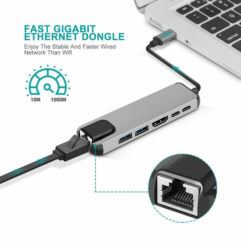 Bộ Chuyển Đổi Nhiều Cổng RJ45 Gigabit Ethernet 6 Trong 1 USB 3.1 Type-C