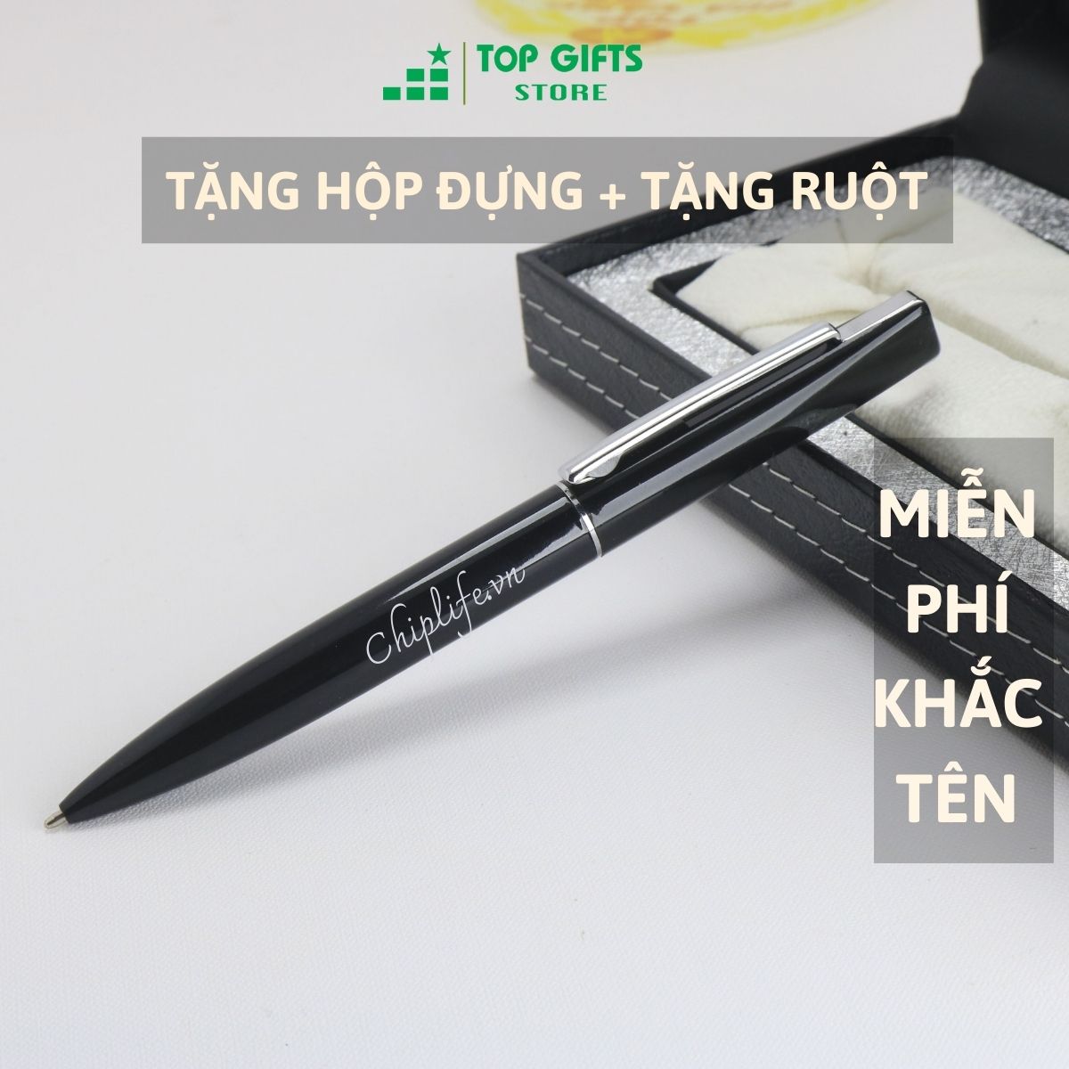 Bút ký khắc tên BX020 - ngòi 0.7mm dạng xoay màu đen 1 viền bạc + Hộp bút và ruột bút