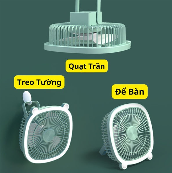 Quạt Tích Điện Treo Tường Mini Cầm Tay 3 Chế Độ Gió , Quạt Để Bàn Tích Hợp Đèn Led, Kiêm Đèn Ngủ, Pin Trâu