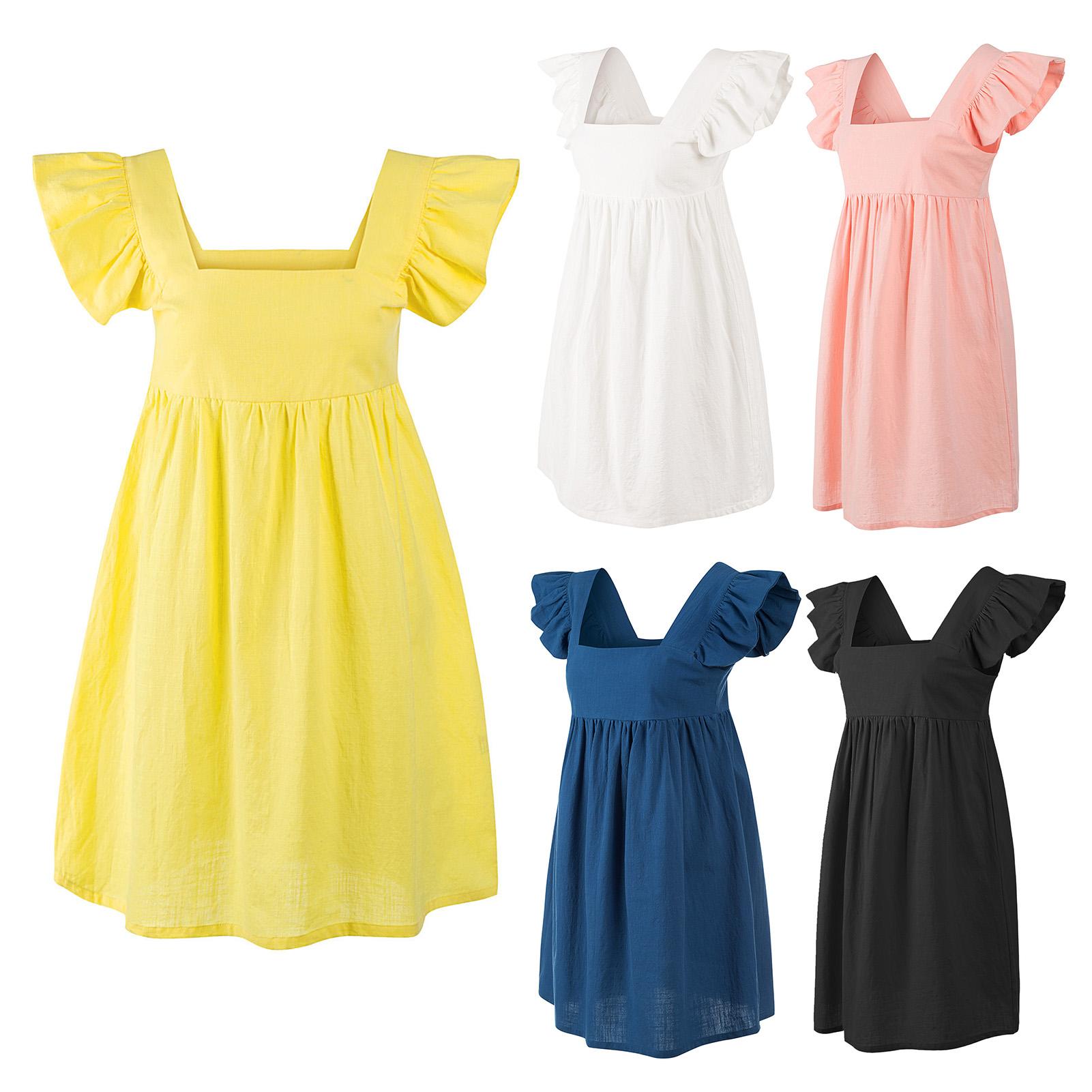 Fashion Women Cotton Linen Dress Solid Color Square Neck Short Sleeve Butterfly Sleeve Sweet Mini Dress
