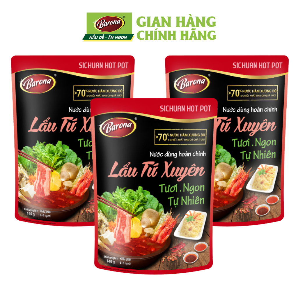 Combo 3 gói Nước dùng Lẩu Tứ Xuyên Barona 140g tươi ngon chuẩn vị không cần nêm nếm