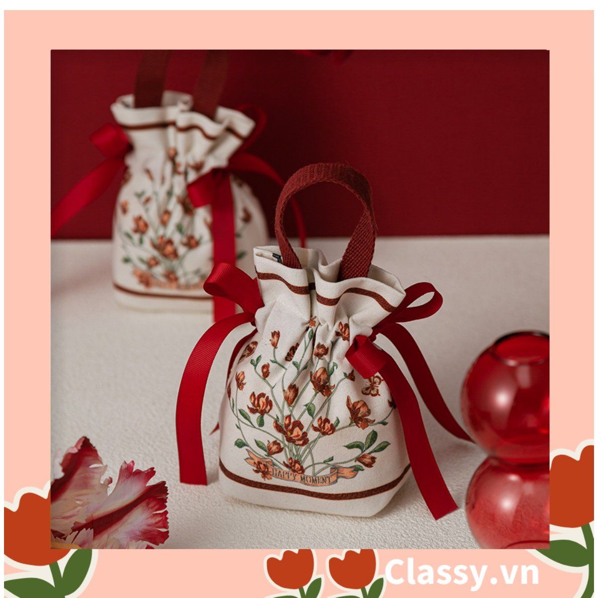 Túi vải dây rút kèm lớp voan lụa, đính hạt xinh xắn dùng đựng quà tặng NOEL, lễ tết, đám cưới T1822