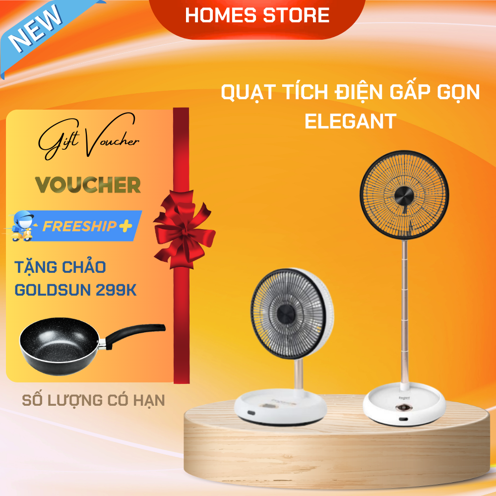 Quạt Tích Điện Gấp Gọn ELEGANT - Thương Hiệu Đức  Có Remote Sử Dụng 8 Giờ Sạc 2.5 Giờ Công Suất 14 W - Hàng Chính Hãng