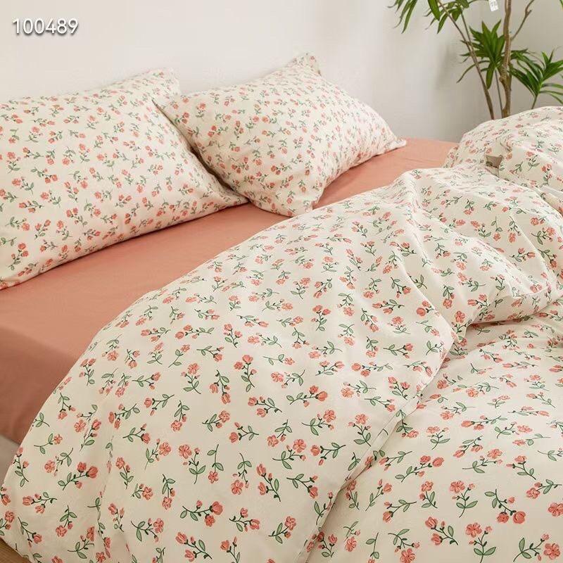 Bộ Chăn Ga Gối Cotton Living Hàng Nhập Khẩu Cao Cấp 4 Món Hoa Nhí Vintage Hồng