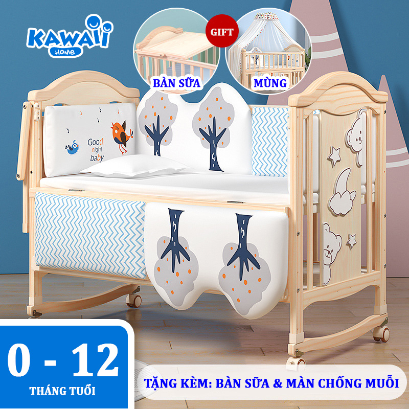 Giường cũi cho em bé đa năng KAWAII HOME - Tặng kèm 4 món quà tặng - Bảo hành 12 tháng