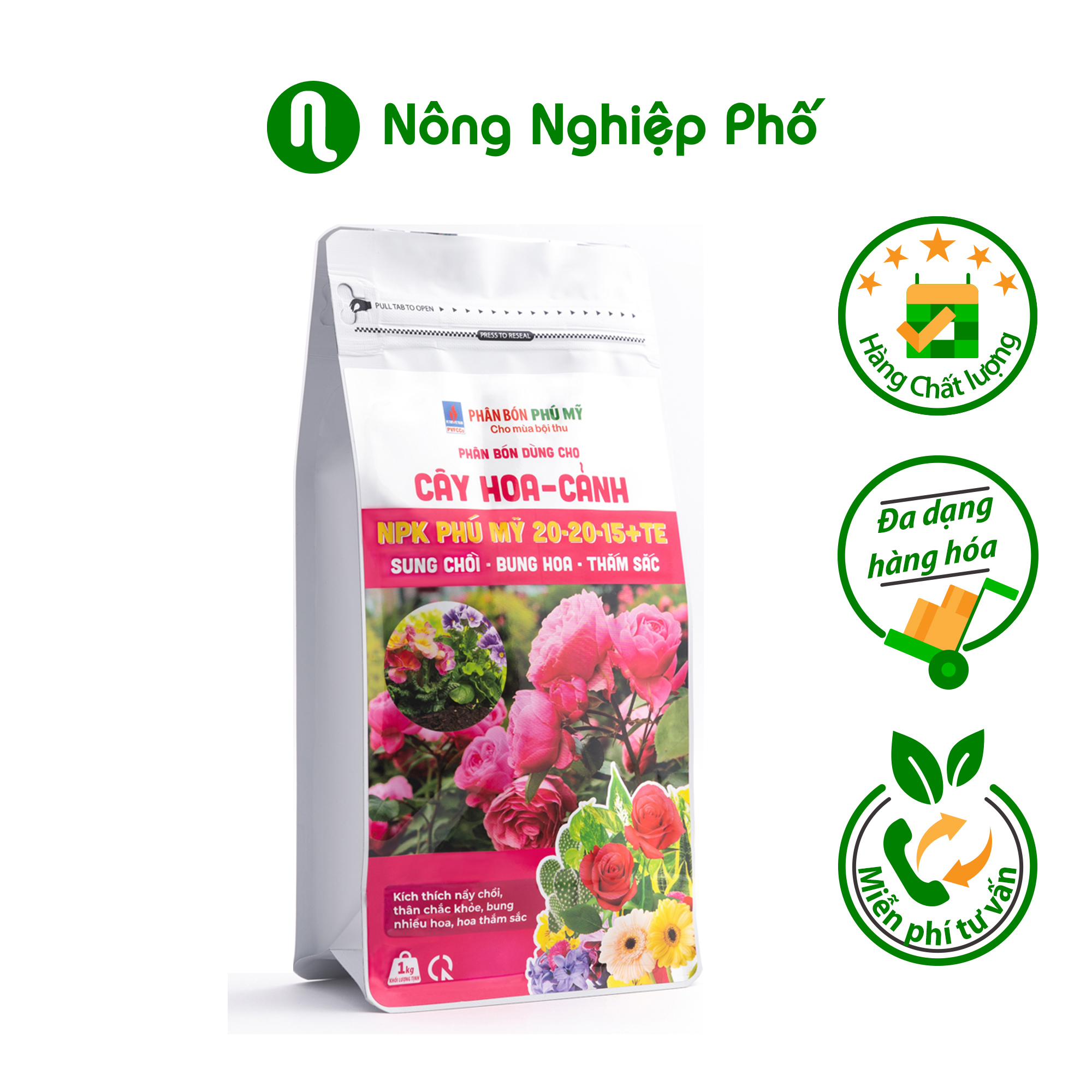 Phân bón NPK Phú Mỹ 20-20-15+TE Cây hoa - cảnh - Gói 1kg