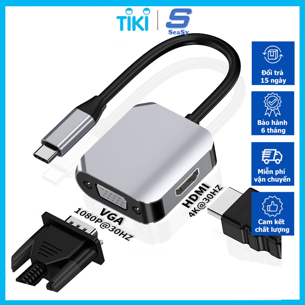 Hub Chuyển Đổi USB TypeC to VGA/HDMI/USB/PD SeaSy HW-6004 ,Cổng HDMI Hỗ Trợ 4K UHD, Cổng VGA Độ Phân Giải Full HD, Cổng USB 3.0 Tốc Độ Cao, Tương Thích Với Macbook pro/Macbook Air/Laptop/Ipad/Smartphone Samsung Dex, Huawei, Oppo– Hàng Chính Hãng