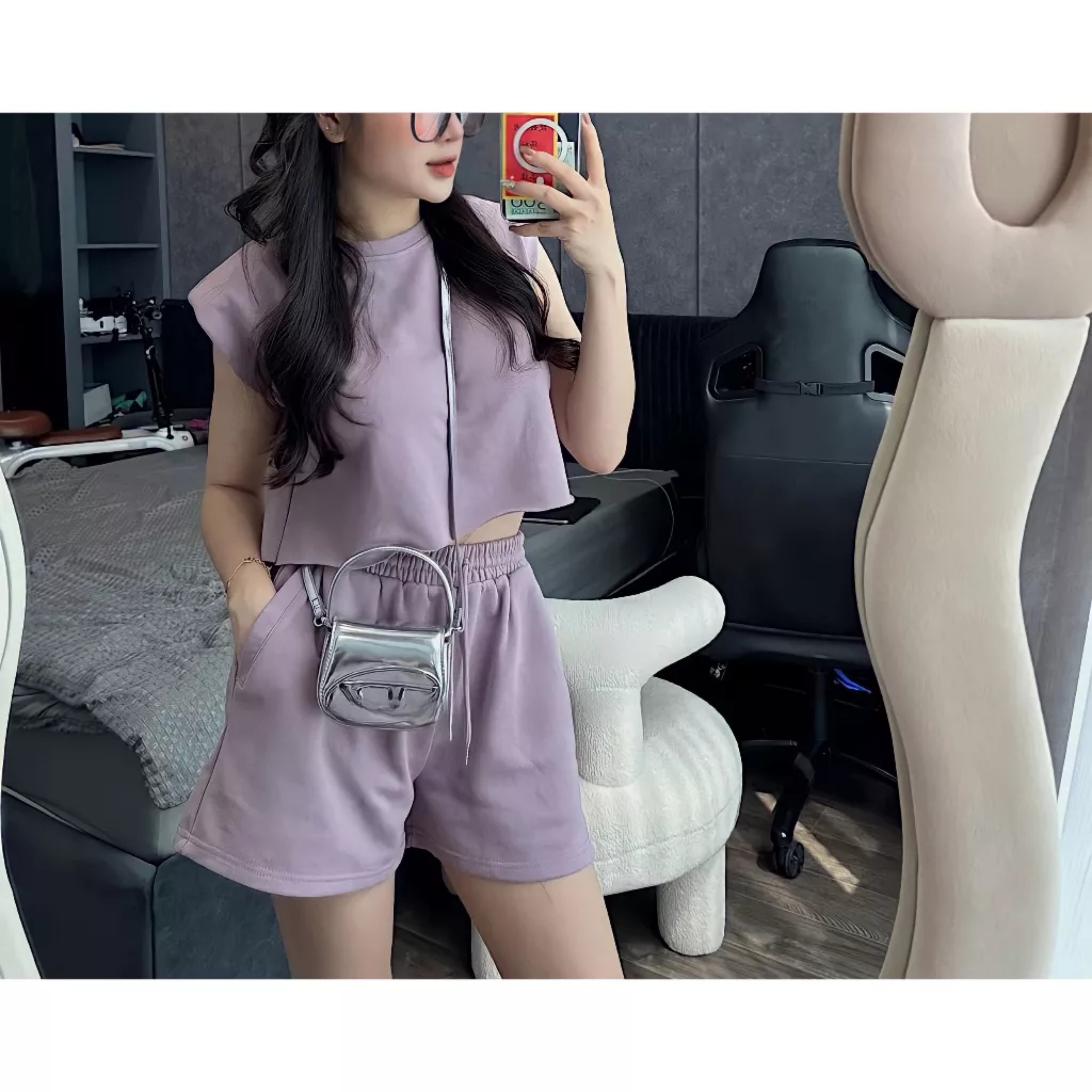 Bộ Áo Tanktop Croptop Kèm Quần Short Ống Rộng Màu Tím