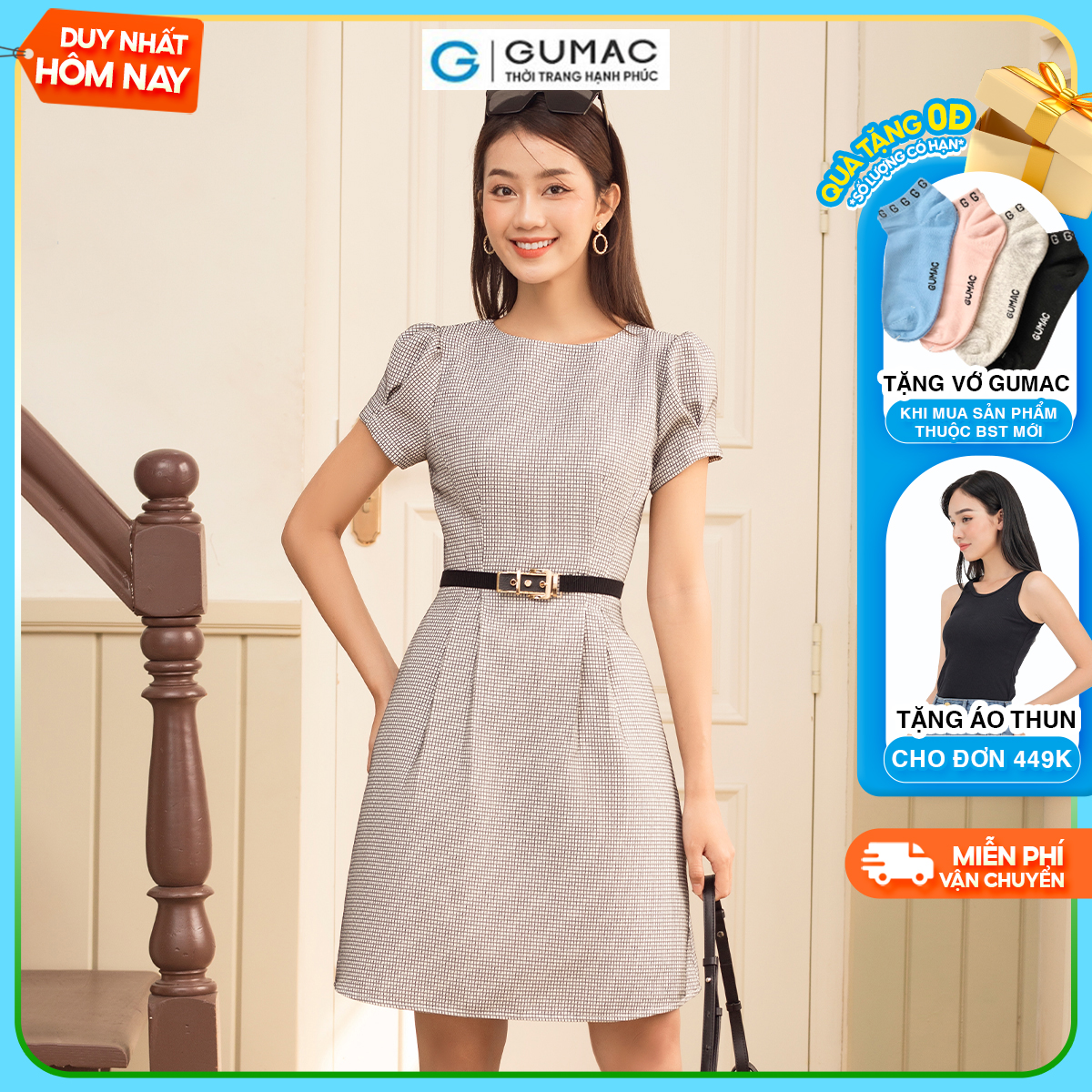 Đầm A 2 lớp chiết ly eo tay ngắn có túi thanh lịch thời trang GUMAC DD06020