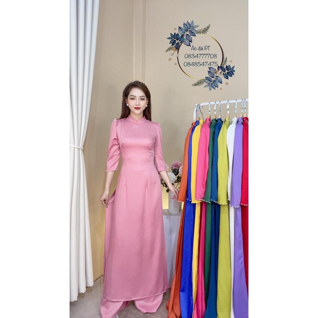 Áo dài truyền thống may sẵn lụa tây thi trơn màu xanh két, xanh rêu.hồng phấn, trắng đẹp