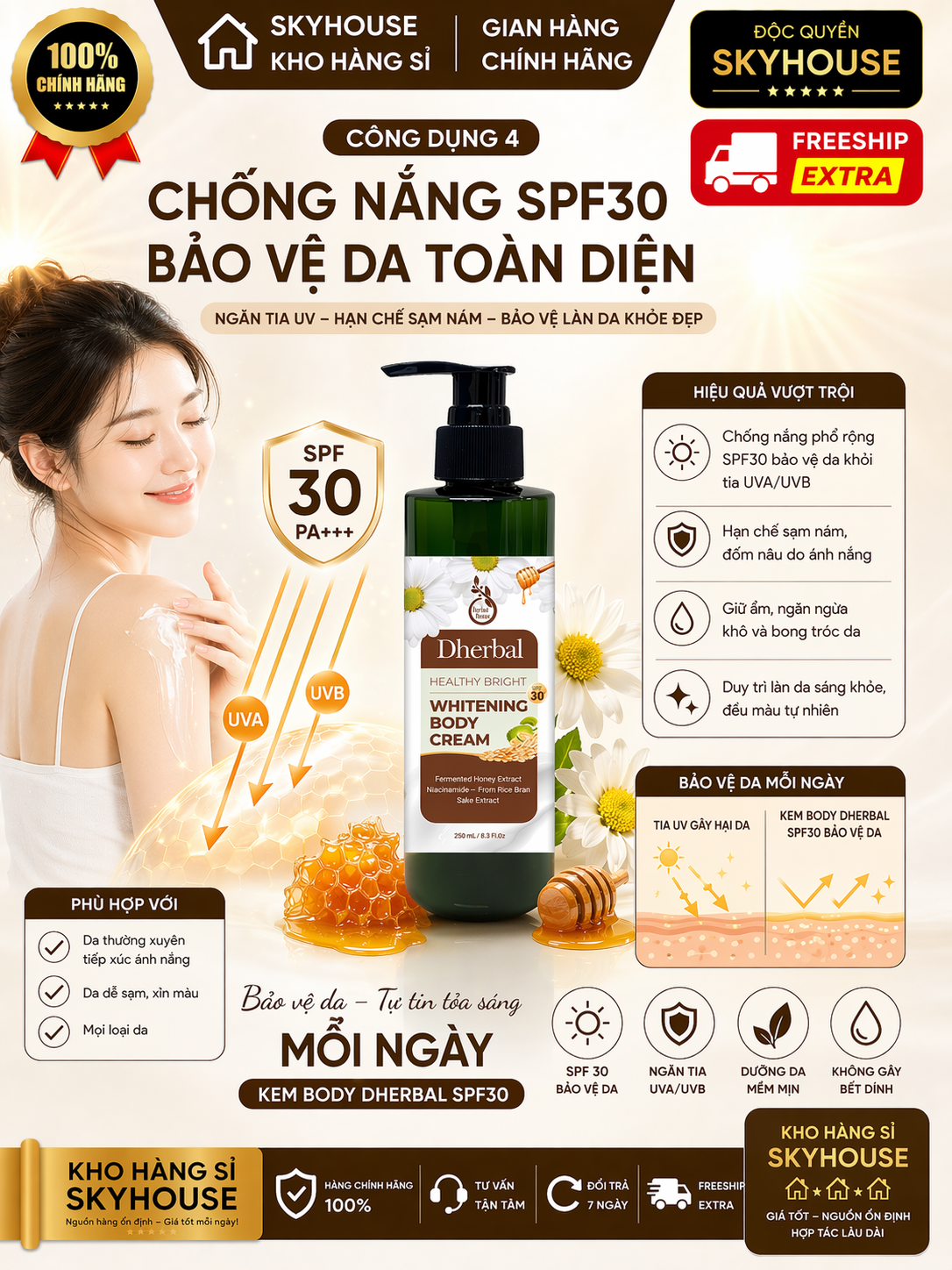 Kem dưỡng trắng da thiên nhiên độc quyền WHITENING BODY CREAM DHERBAL chai 250ml kem chống nắng toàn thân chính hãng