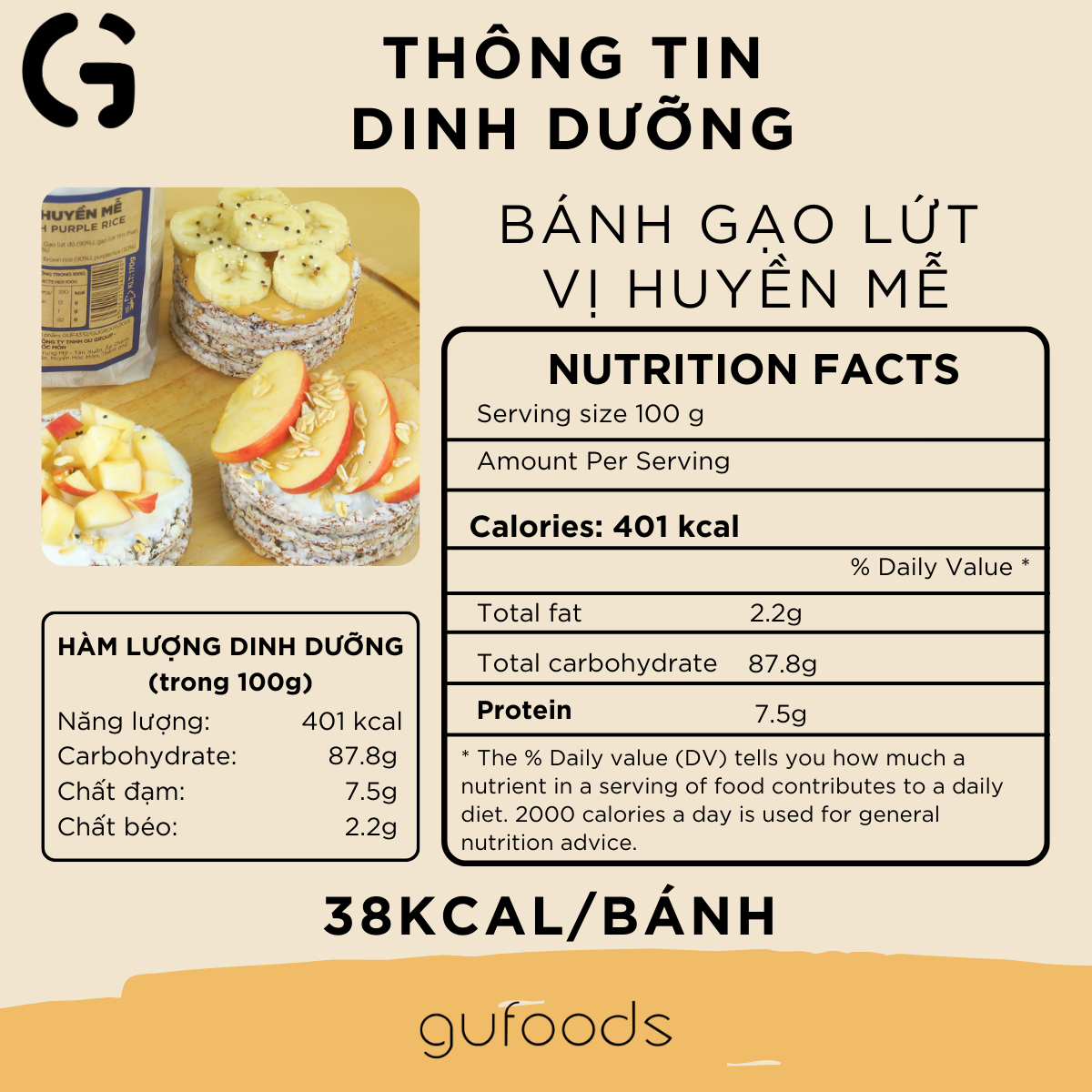 Bánh gạo lứt ăn kiêng, tập GYM GUfoods (170g = 18 bánh)