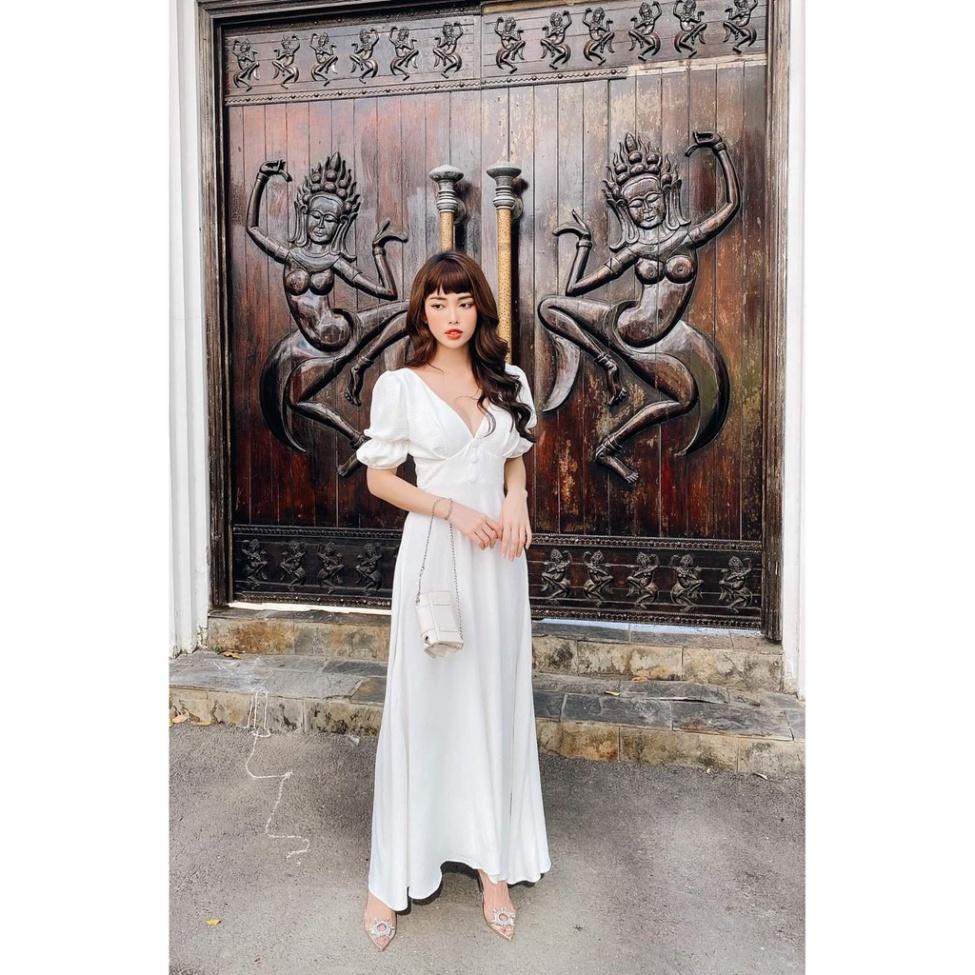 Đầm maxi trắng voan lụa mềm xòe dài cổ V tay phồng chiết eo tay ivy fashion đi biển dự tiệc dạo phố bigsize gợi cảm