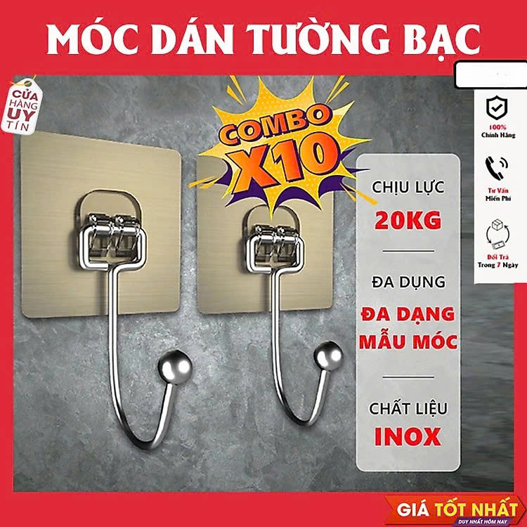 COMBO 10 Móc Dán Tường Inox 304 Loại 1 Chân Chịu Lực Đến 20kg Kèm Miếng Dán Tráng Bạc Siêu Dính, Móc Dán Chịu Lực Loại Tốt