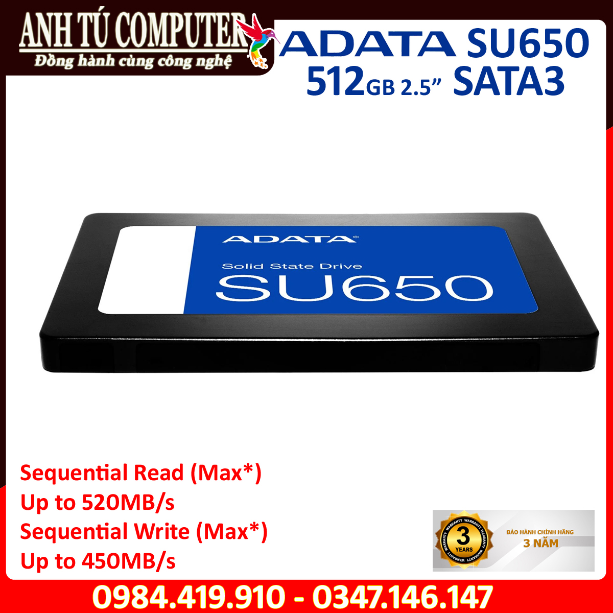 Ổ CỨNG SSD ADATA SU650 512GB 2.5″ Sata III hàng chính hãng