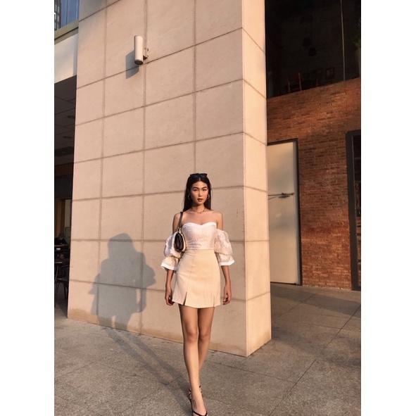 Chân váy xẻ chữ A ngắn tôn body Beige Split Skirt
