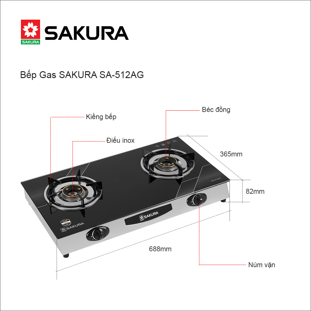 Bếp Gas Dương Mặt Kính SAKURA SA-512AG - Hàng Chính Hãng