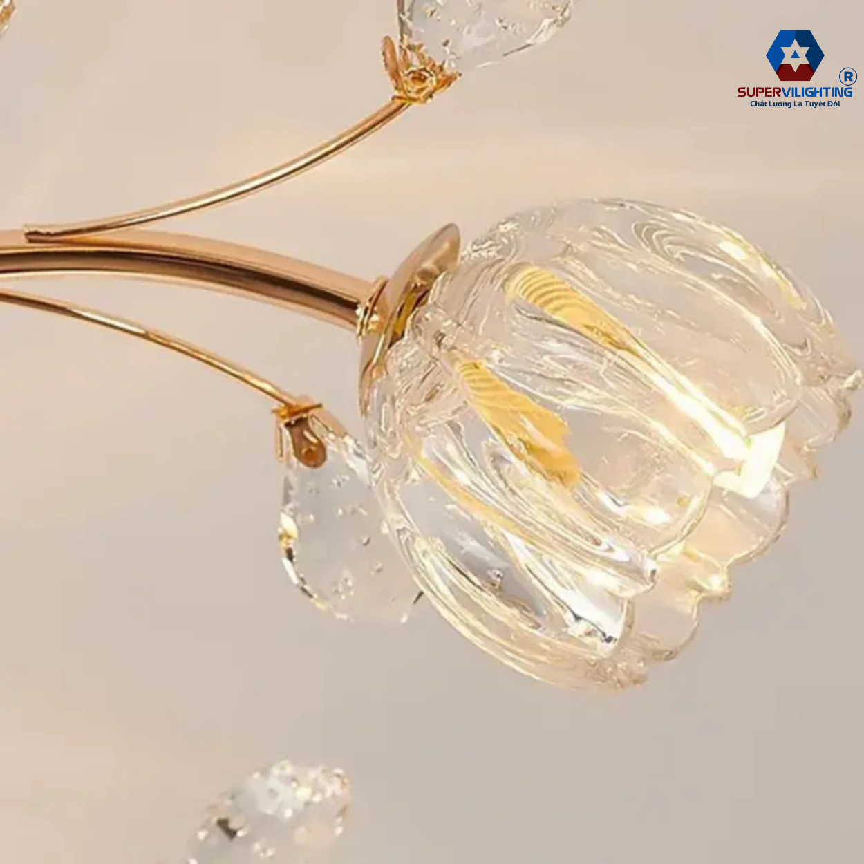 Đèn mâm ốp trần pha lê SuperVilighting trang trí phòng khách quán phong cách hiện đại 15 bóng
