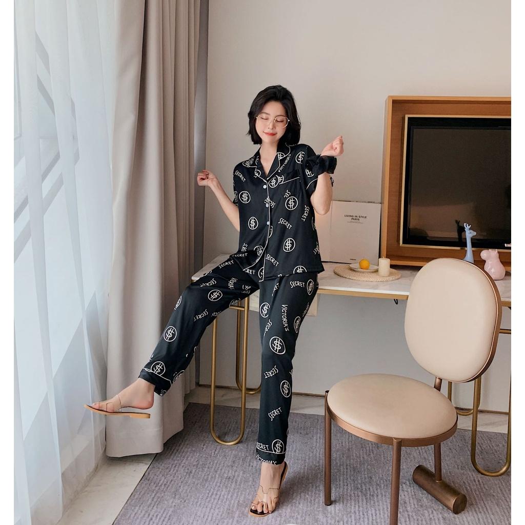 Pijama Nữ - Bộ Ngủ Cộc Dài Vải Lụa Cao Cấp Màu Đen Họa Tiết Chữ CDLP06 - XL &lt; 66kg