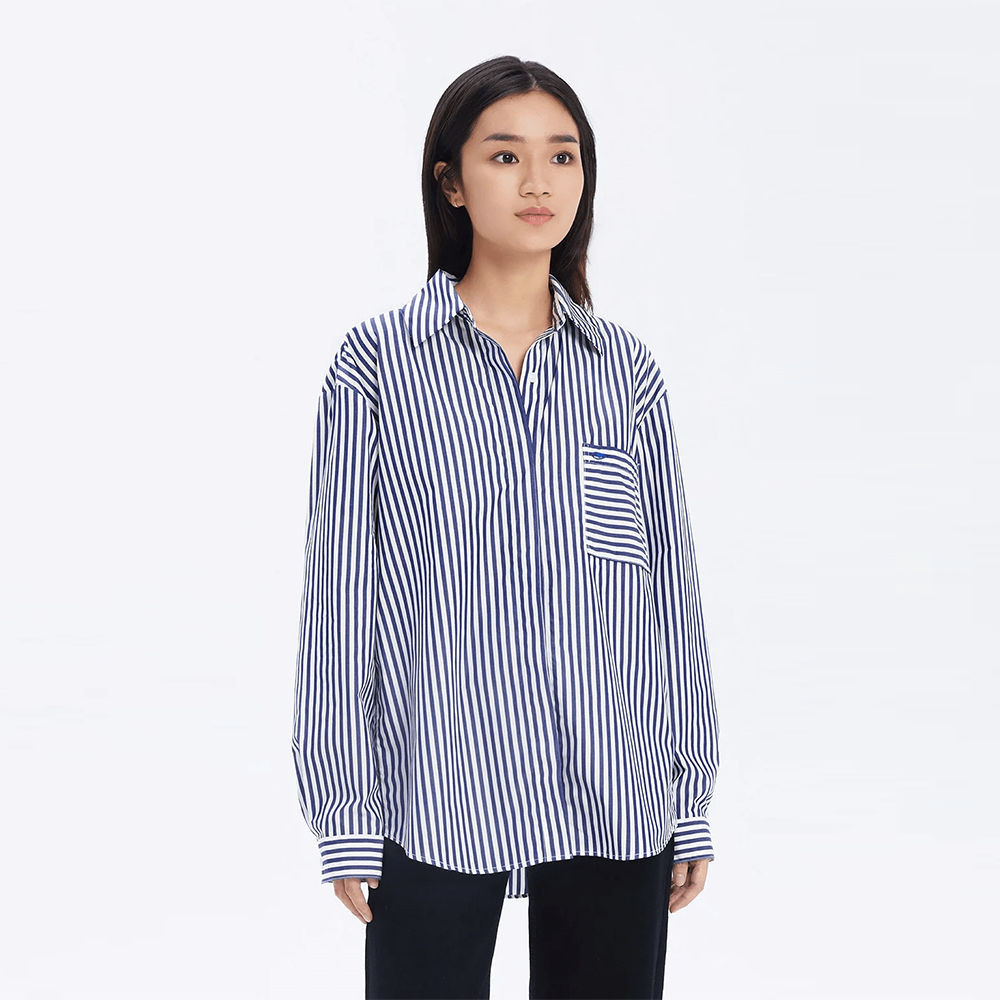 TheBlueTshirt - Áo Sơ Mi Nữ Phom Rộng Sọc Xanh Dương Đậm - Office Life Oversized Pocket Shirt - Bold Stripe