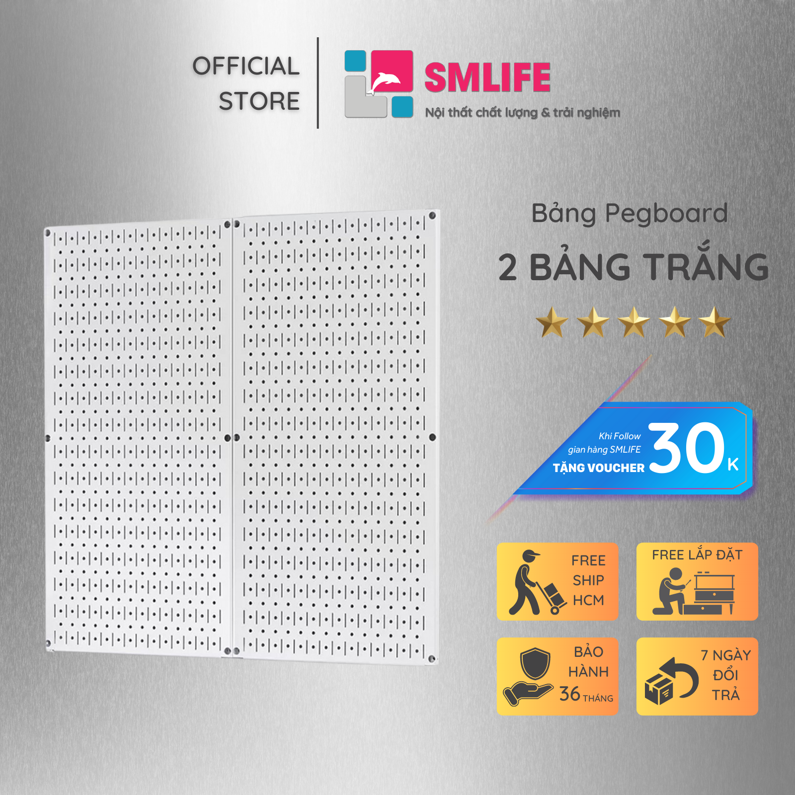 Bộ 2 Bảng treo dụng cụ Pegboard kim loại đứng 80×40cm - Chất liệu kim loại sơn tĩnh điện - Giúp lưu trữ dụng cụ trực quan, dễ tìm kiếm