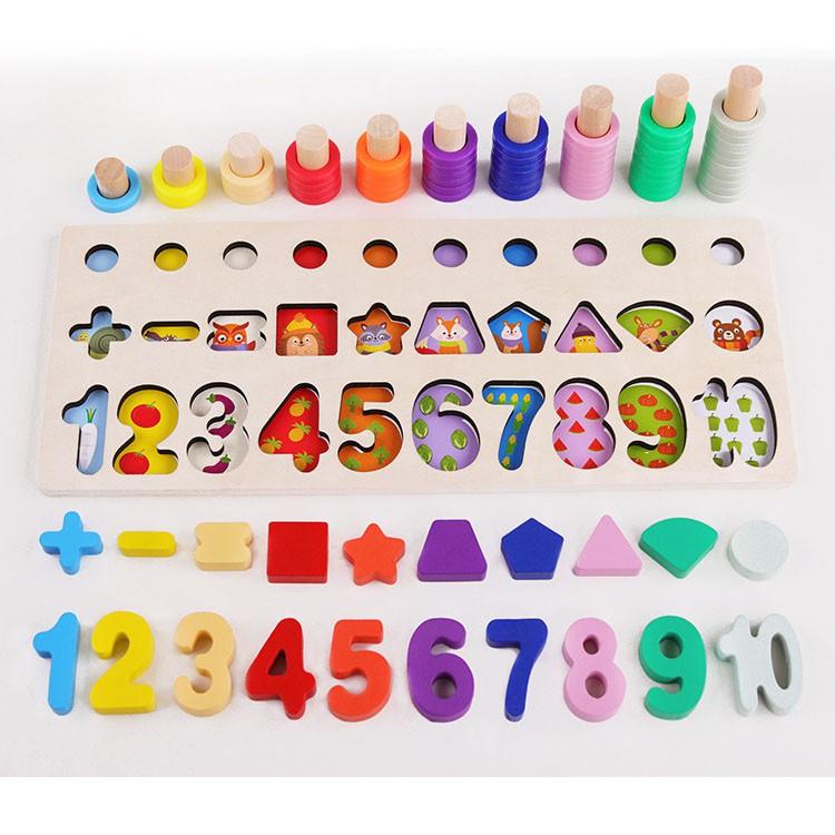 Bảng ghép chữ cái, chữ số nổi và thả vòng xếp cọc nhận biết màu sắc bằng gỗ