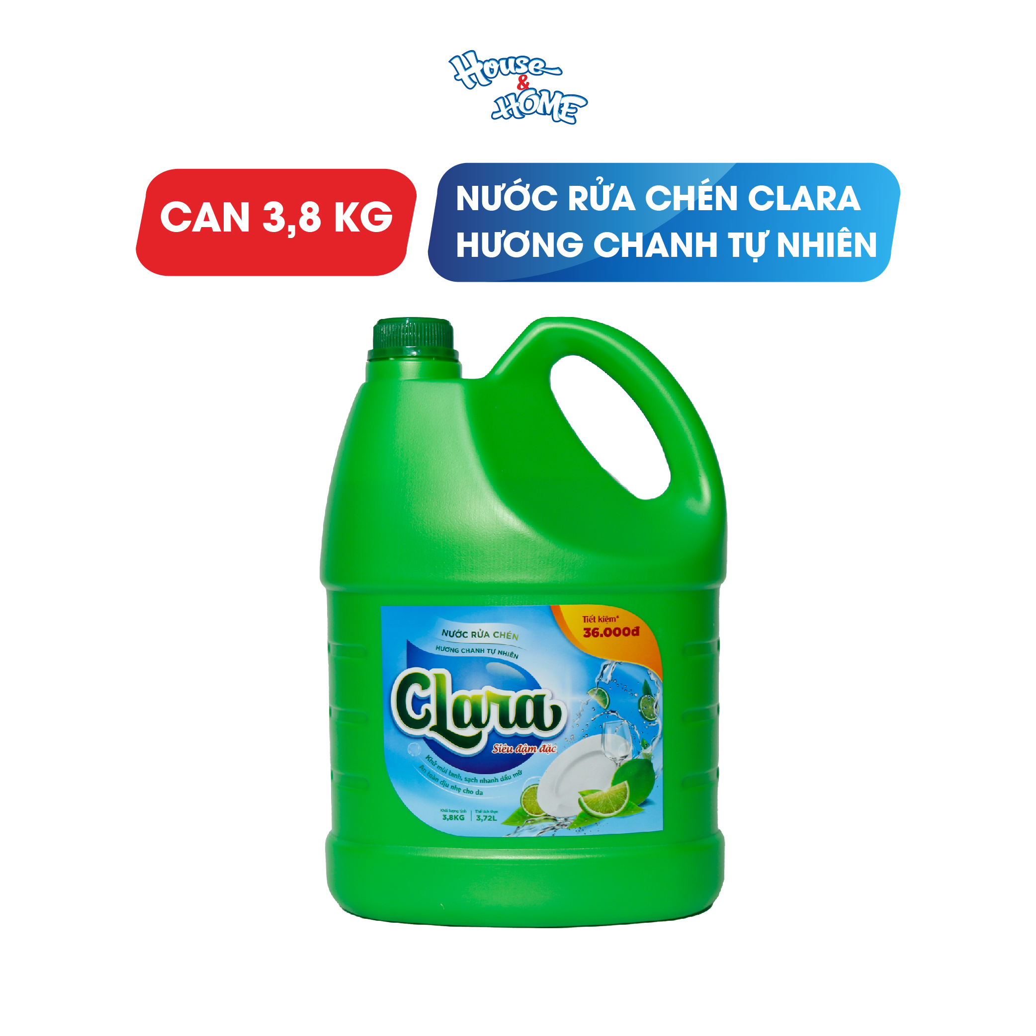 Nước rửa chén bát Clara hương chanh tự nhiên can 3,8kg