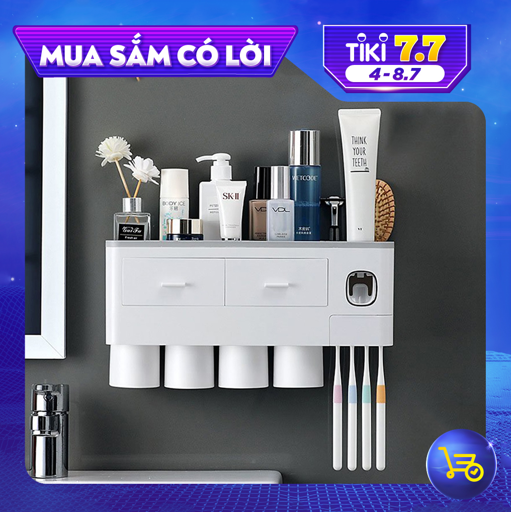 Bộ Nhả Kem Đánh Răng Tự Động - Có Kệ Để Đồ Kệ Treo Bàn Chải Đánh Răng - Tặng Kèm Cốc Hút Từ Tính &Amp; Miếng Dán - Hàng Chính Hãng. - Trắng Ghi - 4 Cốc