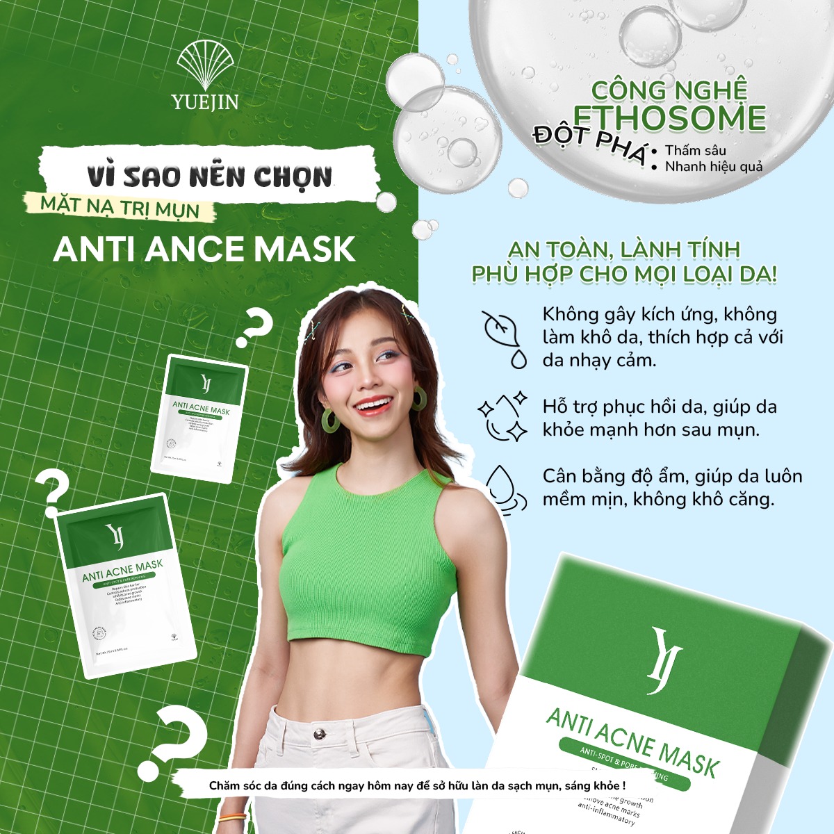 [Hộp 10 Miếng] Mặt nạ giảm mụn Anti Acne Mask Yuejin, kháng viêm, giảm sưng, giảm mụn hiệu quả