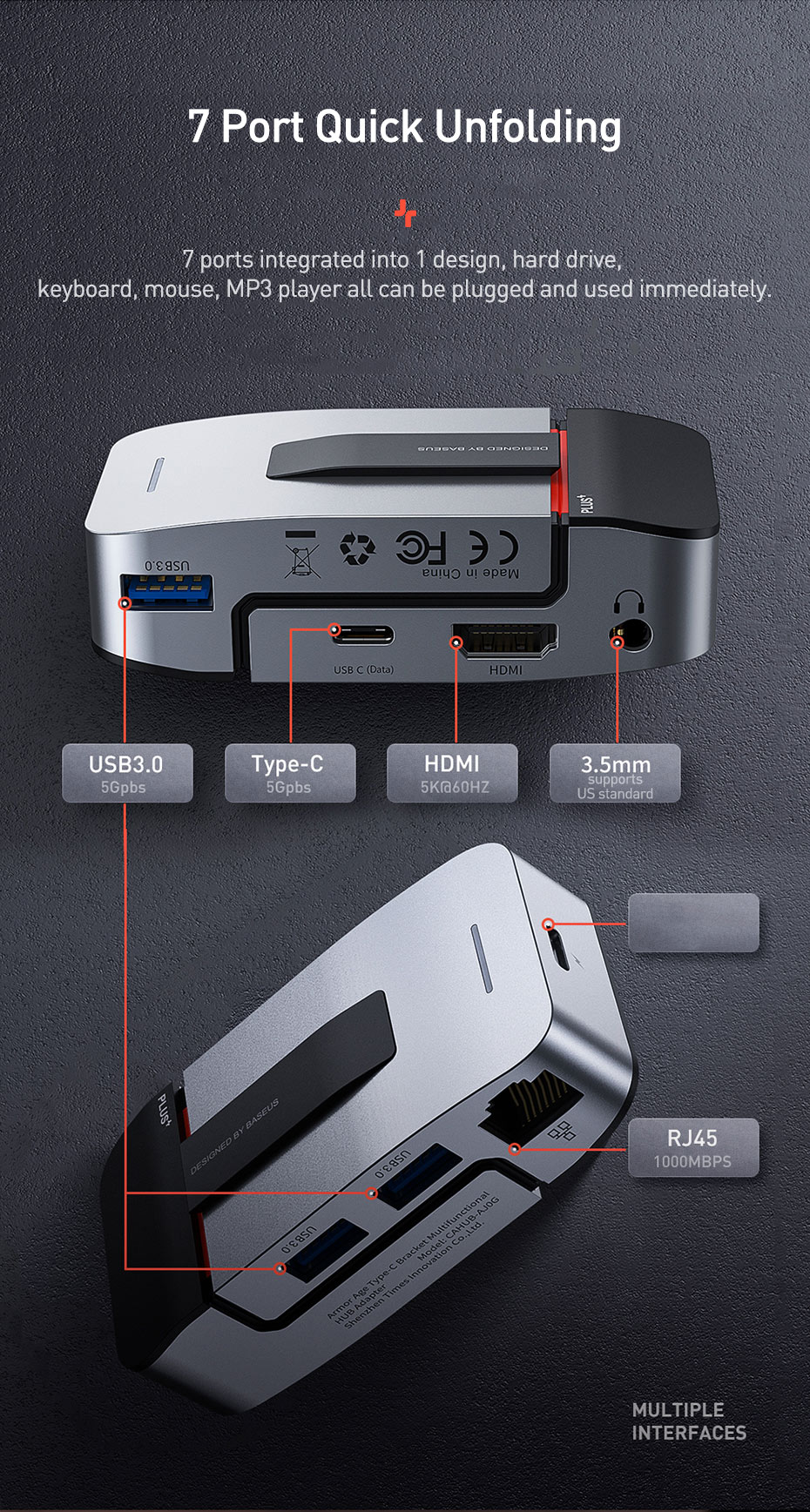 Bộ chuyển đổi Hub đa chức năng BASEUS Armor Age Type-C 9 cổng (USB3.0 * 3 + HDMI * 1 + RJ45 * 1 + Loại-C * 3 + 3.5 Âm thanh) - Hàng chính hãng