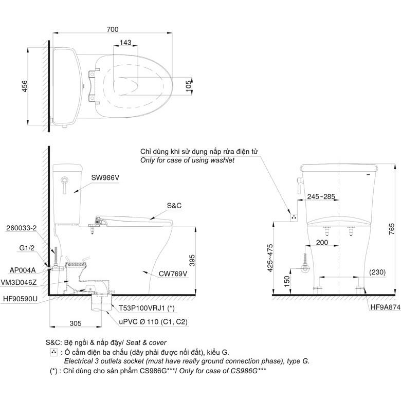 Bồn Cầu Hai Khối TOTO CS986GT2 .Hệ thống xả Tornado , tiết kiệm nước, xả gạt 2 chế độ - Vật liệu xây dựng Big H