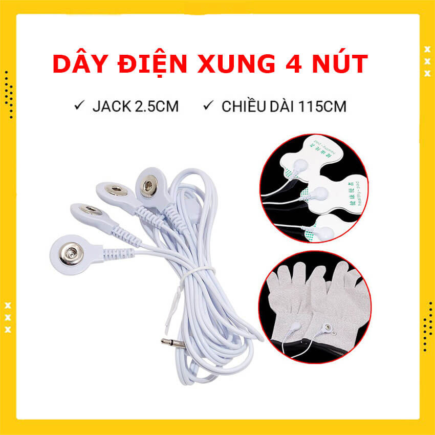 Dây điện xung 4 nút cài dùng cho máy massage xung điện vật lý trị liệu, Jack 2.5 cho máy massage 8 miếng dán, massage cổ vai gáy 3D