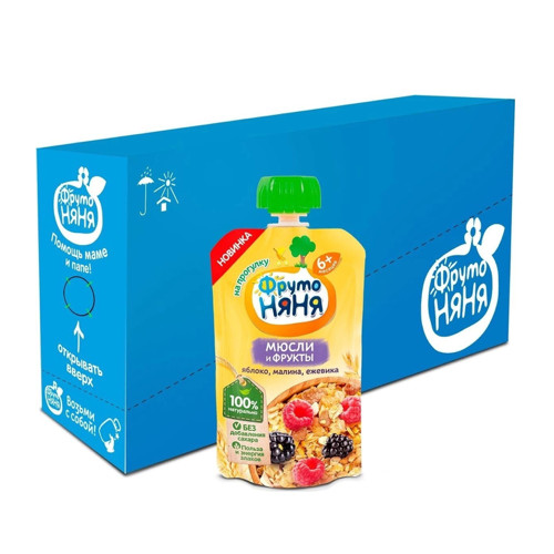 Thùng 12 Gói Trái cây nghiền vị táo, mâm xôi với Muesli Fruto Nyanya 130g