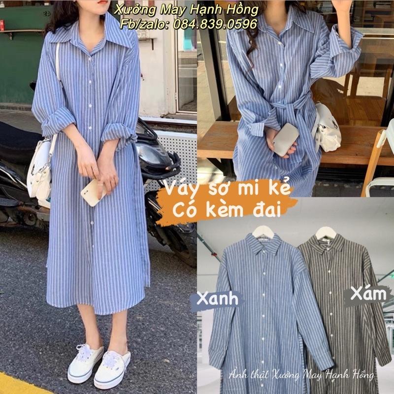 Đầm xòe cổ sơ mi kẻ sọc kèm dây eo  C3016